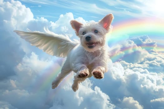 A small dog is flying through the sky with a rainbow in the background. Scene is joyful and playful, as the dog is having a great time soaring through the clouds