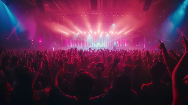 A crowd of people are at a concert, with many of them holding up their hands. The atmosphere is energetic and lively, with everyone enjoying the music and the performance