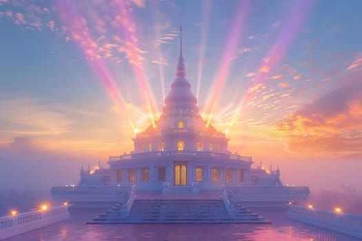 A large white church with a golden roof and a golden cross on top. The sun is shining on the building, creating a warm and inviting atmosphere