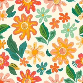 A colorful floral pattern with suns and leaves. The flowers are in various colors and sizes, and the suns are scattered throughout the design. Scene is cheerful and vibrant, with a sense of nature