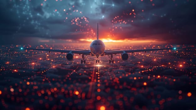 A plane is flying through a city at night with a bright orange sun in the background. The sky is filled with glowing lights, creating a surreal and dreamlike atmosphere