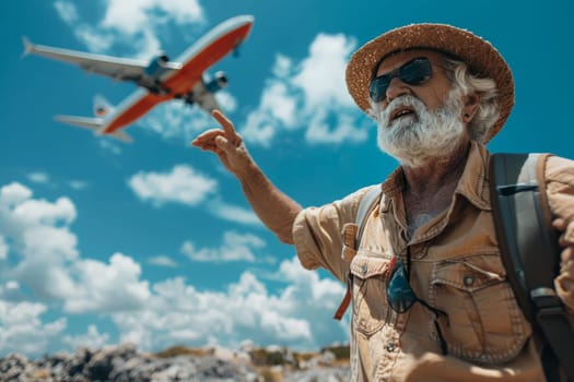 An older man wearing a leather jacket points to an airplane flying in the sky. Concept of adventure and excitement, as the man is looking up at the plane with a sense of wonder