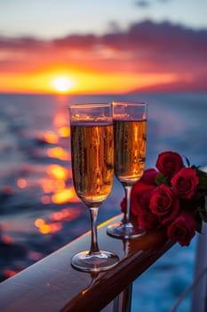 Two champagne flutes with red roses on top, one on the left and one on the right.