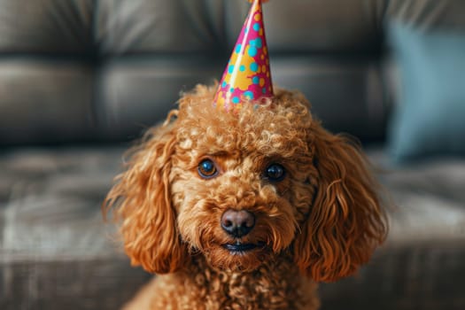 A small dog wearing a pink party hat is sitting in front of a bunch of colorful balloons. The balloons are scattered around the dog, creating a festive and playful atmosphere