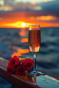 Two champagne flutes with red roses on top, one on the left and one on the right.