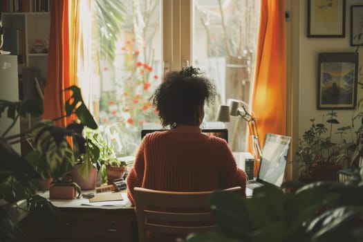 A woman in an orange sweater sits at a desk with a laptop and a keyboard by AI generated image.