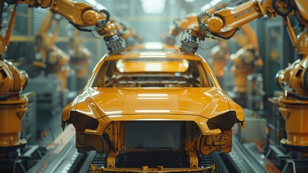 A car is being built in a factory with many robots working on it. The car is yellow and has a shiny finish. The robots are moving around the car, putting it together piece by piece