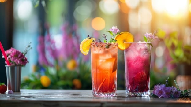 Two colorful drinks with flowers in the background. The drinks are in tall glasses and are garnished with fruit