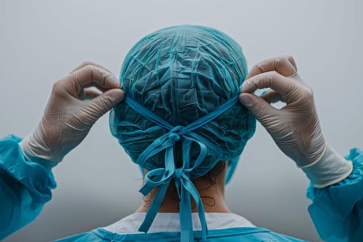 A doctor in a blue surgical cap is adjusting the cap.