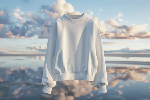 A white sweater with a leopard print design is displayed in a blue sky. The sweater is hanging in the air, and the reflection of the sky and water can be seen in the background