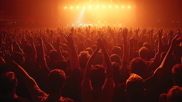 A crowd of people are at a concert, with many of them holding up their hands. The atmosphere is energetic and lively, with everyone enjoying the music and the performance