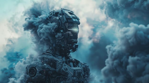 A robot is standing in a cloud of smoke. The robot is wearing a helmet and has a metallic appearance. The smoke is thick and dark, giving the scene a mysterious and ominous mood