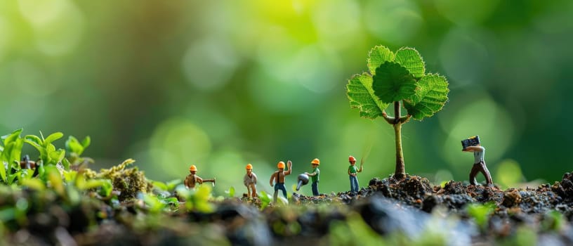 A group of small figurines are working together to plant a tree by AI generated image.