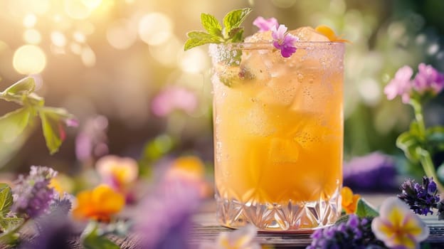 A glass of a drink with a flower garnish on top. The drink is yellow and has a mint garnish