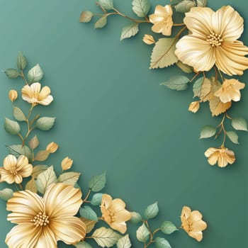 A gold and green flower with leaves is on a green background.