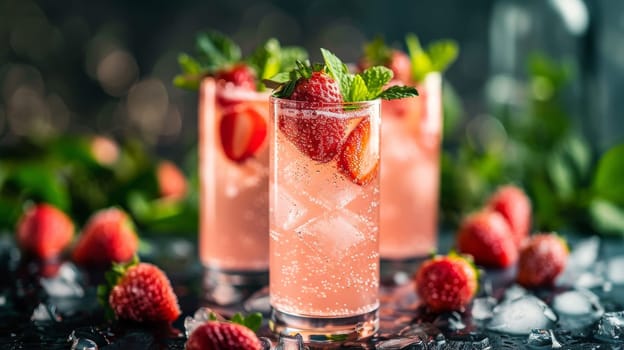 Three glasses of pink strawberry soda with ice cubes and fresh strawberries on the table. Scene is refreshing and inviting