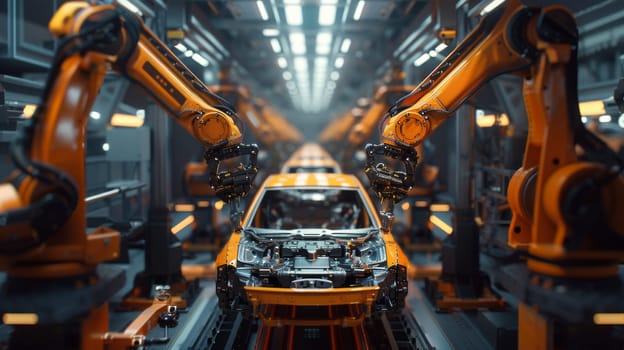 A car is being built in a factory with many robots working on it. The car is yellow and has a shiny finish. The robots are moving around the car, putting it together piece by piece