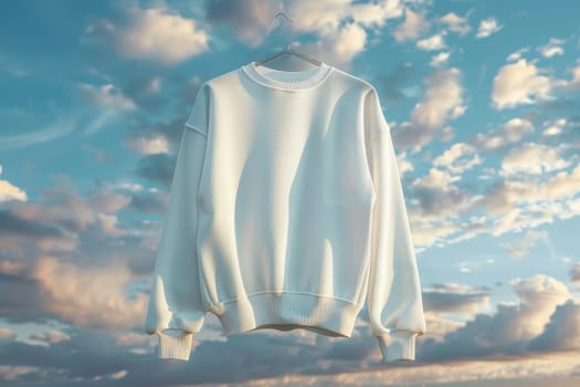 A white sweater with a leopard print design is displayed in a blue sky. The sweater is hanging in the air, and the reflection of the sky and water can be seen in the background
