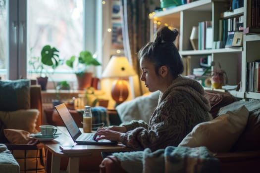 A woman is sitting on a couch with a laptop in front of her by AI generated image.