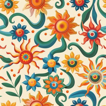 A colorful floral pattern with suns and leaves. The flowers are in various colors and sizes, and the suns are scattered throughout the design. Scene is cheerful and vibrant, with a sense of nature