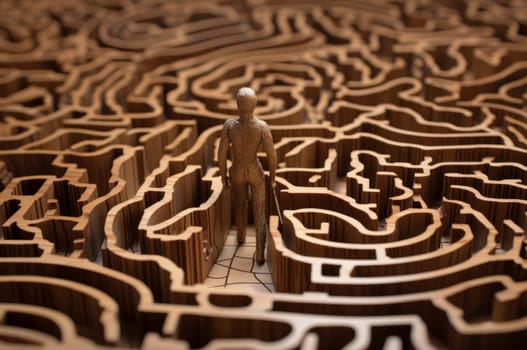 Unsure Lost man in wooden tangled maze. Confused disoriented guy in the middle of labyrinth. Generate ai