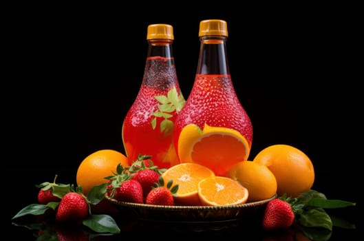 Two bottles of sparkling fruit drinks surrounded by fresh oranges, strawberries, and mint on a dark background