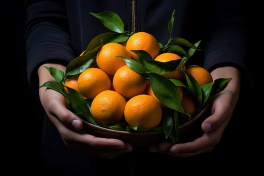 Bright Mandarin fruits hands. Food winter farm. Generate Ai