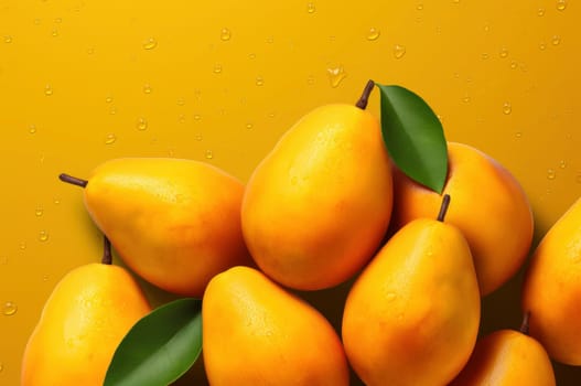 Juicy whole mangoes with water droplets on a sunny yellow backdrop