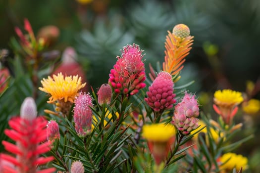 A garden with a variety of flowers including pink, yellow, and purple. The flowers are in full bloom and are arranged in a way that creates a colorful and vibrant scene