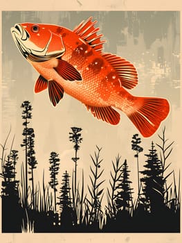 A red rayfinned fish elegantly swims underwater with a backdrop of trees. Its colorful fin and tail make it a perfect subject for an illustration or painting, showcasing adaptation in feeder fish