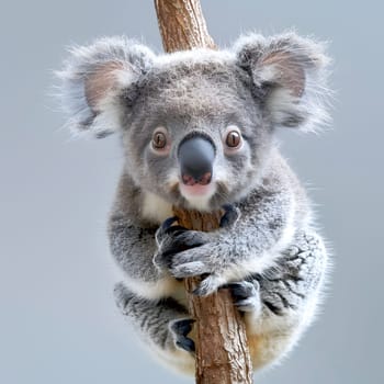 A terrestrial animal, the koala, with whiskers and fur, is perched on a tree branch. Its marsupial snout and paws help it balance while gazing at the camera