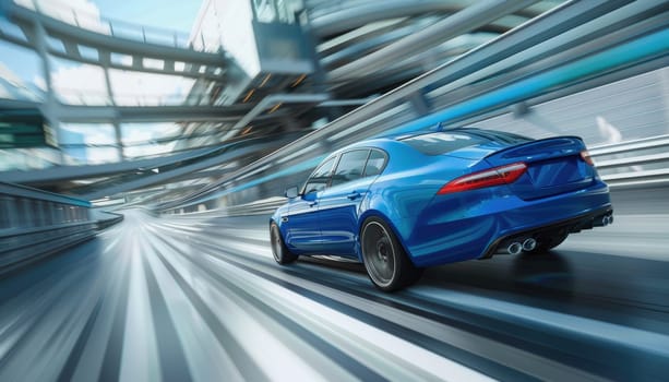 A blue sports car is driving down a highway by AI generated image.