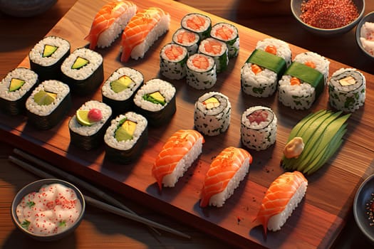 Artful Intricate Platter sushi rolls. Seafood meal. Generate Ai