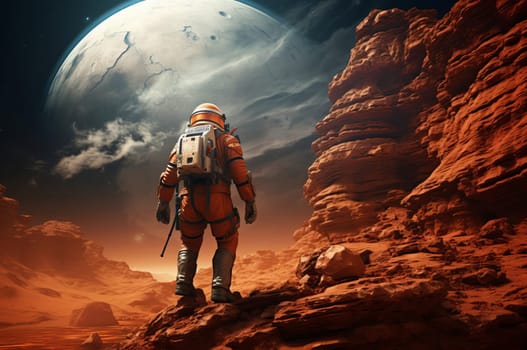 Desolate Astronaut mars looking rocky ground region. Cosmonaut panoramic celestial discovery. Generate Ai