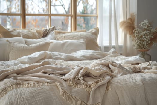 A bed with a white comforter and pillows, and a vase of flowers on a nightstand.