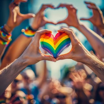 A group of people holding hands to form a heart with rainbow colors. Concept of unity and love among the crowd