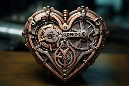 Detailed steampunk-inspired heart sculpture with mechanical components on a dark background