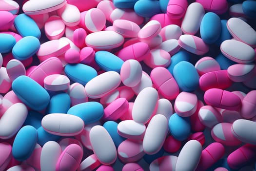 Close-up view of a mix of blue and pink pills representing pharmaceutical drugs