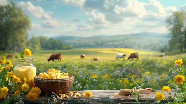 A wooden table with jars of honey and other items, and a view of cows in the background