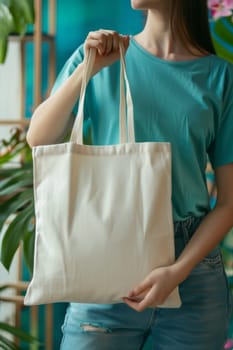 A woman is holding a white canvas tote bag. The bag is plain and unadorned, but it is a blank canvas for the woman to fill with her own personal style and creativity