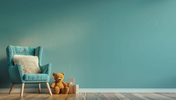 A blue chair with a teddy bear on it sits in front of a wall by AI generated image.