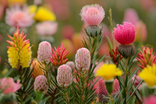 A garden with a variety of flowers including pink, yellow, and purple. The flowers are in full bloom and are arranged in a way that creates a colorful and vibrant scene