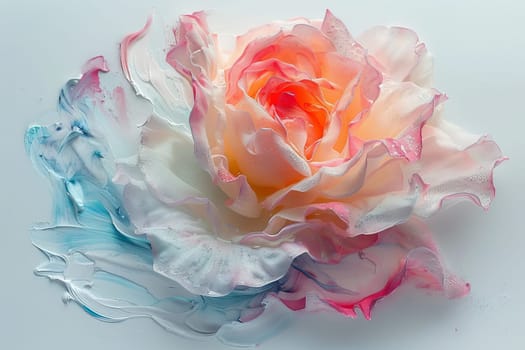 A rose with pink, orange and yellow petals is the main focus of the image. The background is a mix of colors, giving the impression of a vibrant and lively scene. Scene is cheerful and uplifting