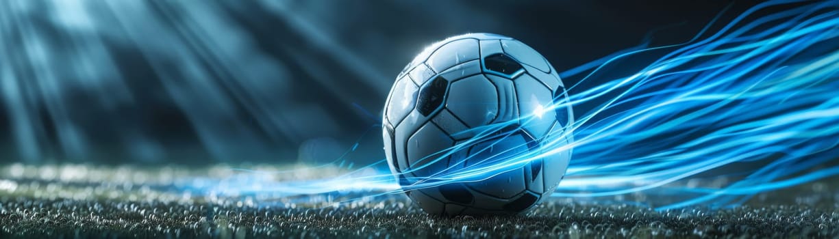 A soccer ball is rolling on a field with fire in the background. Concept of excitement and energy, as if the ball is in the midst of a thrilling game. The fire adds a dramatic element to the scene
