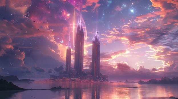 Futuristic cathedral standing in the air on an island, panoramic view, space background.