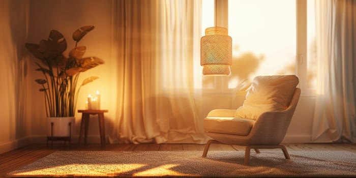 A white chair sits in front of a window with a potted plant by AI generated image.
