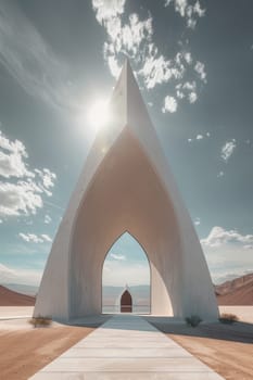 A large geometric with a triangular entrance is surrounded by a cloudy sky. The image has a mysterious and intriguing mood, as the pyramid seems to be a gateway to another world or dimension