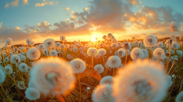 A field of dandelions is in full bloom, with the sun setting in the background. The scene is serene and peaceful, with the dandelions swaying gently in the breeze