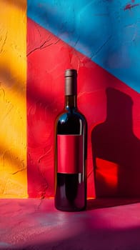 A glass bottle of red wine with a cork stopper is placed on a colorful table, ready to be enjoyed as a delicious and elegant drink