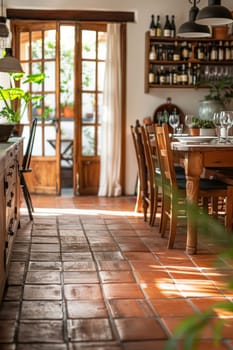 A large room with a dining table and chairs, and a rug on the floor. The room has a rustic feel with a lot of wood and brick elements